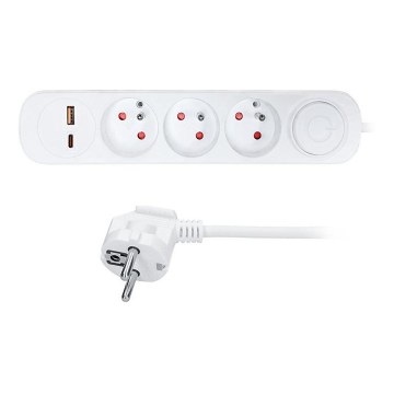 Steckdosenleiste mit Schalter, 3‑fach, mit USB‑A- und USB‑C‑Ladeanschlüssen, 3 m