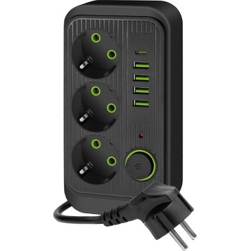 Steckdosenleiste mit Schalter LINEA 3x230V + 5xUSB A/C SCHUKO 3 m schwarz