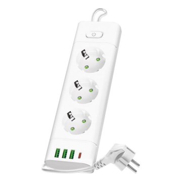 Steckdosenleiste mit Schalter LINEA PRO 3x 230 V + 3x USB-A + 1x USB-C, Schuko, 1,5 m, weiß