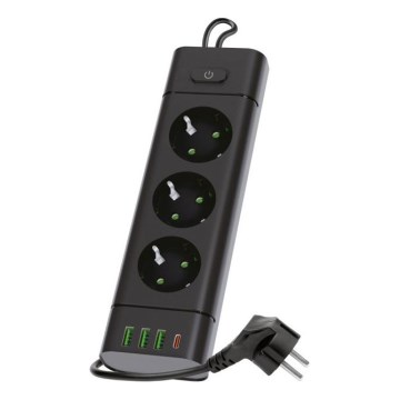 Steckdosenleiste mit Schalter LINEA PRO 3x230V + 3xUSB-A + 1xUSB-C SCHUKO 3 m schwarz