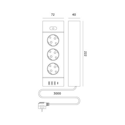 LINEA PRO Steckdosenleiste mit Schalter, 3×230 V, 3× USB-A, 1× USB-C, Schuko, 3 m, weiß