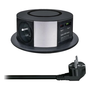 Steckdosensäule für Tischplatte mit kabellosem Qi-Ladegerät 3x230V + 1xUSB-A + 1xUSB-C schwarz/silber