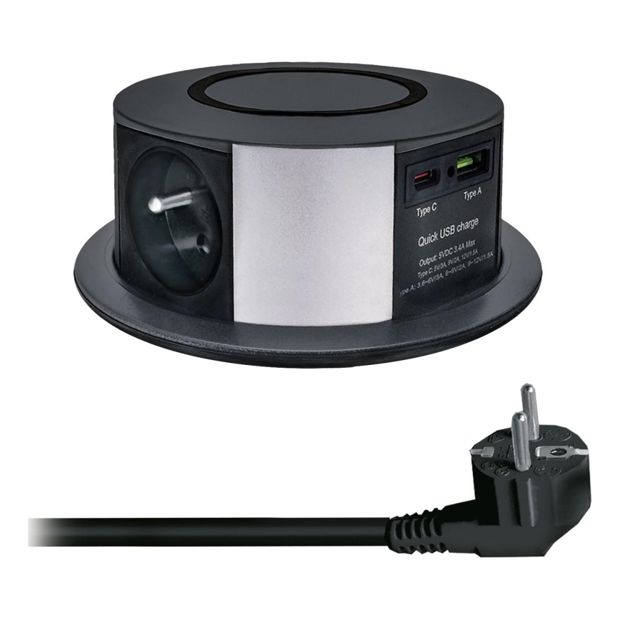 Steckdosensäule für Tischplatte mit kabelloser Qi-Aufladung 3x230V + 1xUSB-A + 1xUSB-C schwarz/silbern