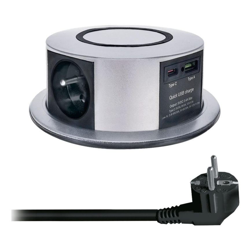 Steckdosensäule für Tischplatte mit kabelloser Qi-Aufladung 3x230V + 1xUSB-A + 1xUSB-C silbern/schwarz