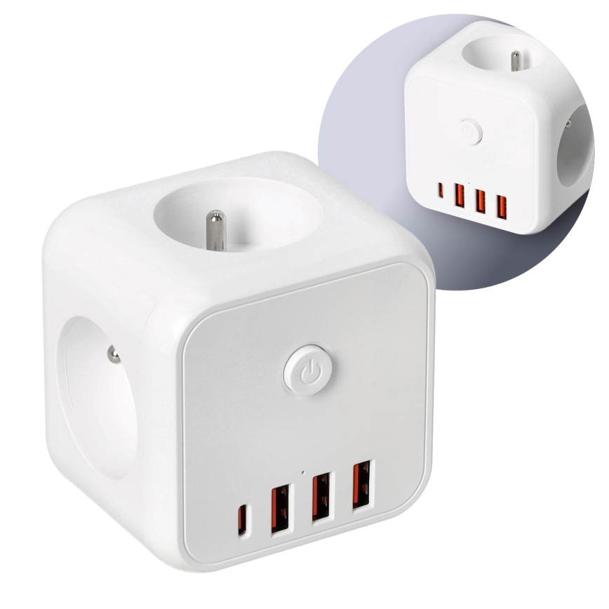 Steckdosenverteiler mit Schalter LINEA 3x230V + 4xUSB A/C weiß