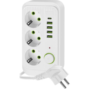 Steckdosenverteiler mit Schalter LINEA 3x230V + 5xUSB A/C SCHUKO 1,5 m weiß