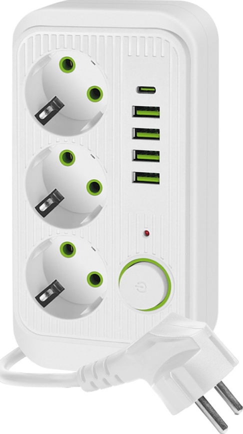 Steckdosenverteiler mit Schalter LINEA 3x230V + 5xUSB A/C SCHUKO 5 m weiß