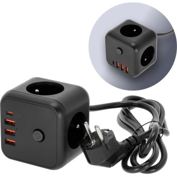 Steckdosenwürfel mit Schalter LINEA 3x230V + 4xUSB A/C schwarz