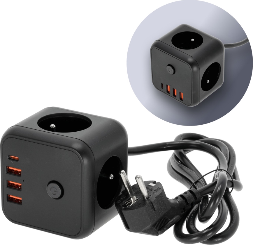 Steckdosenwürfel mit Schalter LINEA 3x230V + 4xUSB A/C schwarz