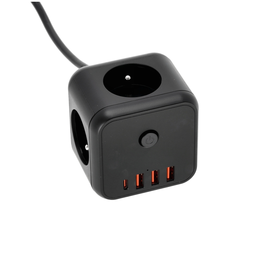 Steckdosenwürfel mit Schalter LINEA 3x230V + 4xUSB A/C schwarz