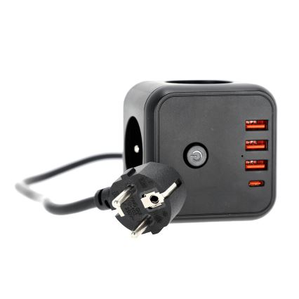 Steckdosenwürfel mit Schalter LINEA 3x230V + 4xUSB A/C schwarz