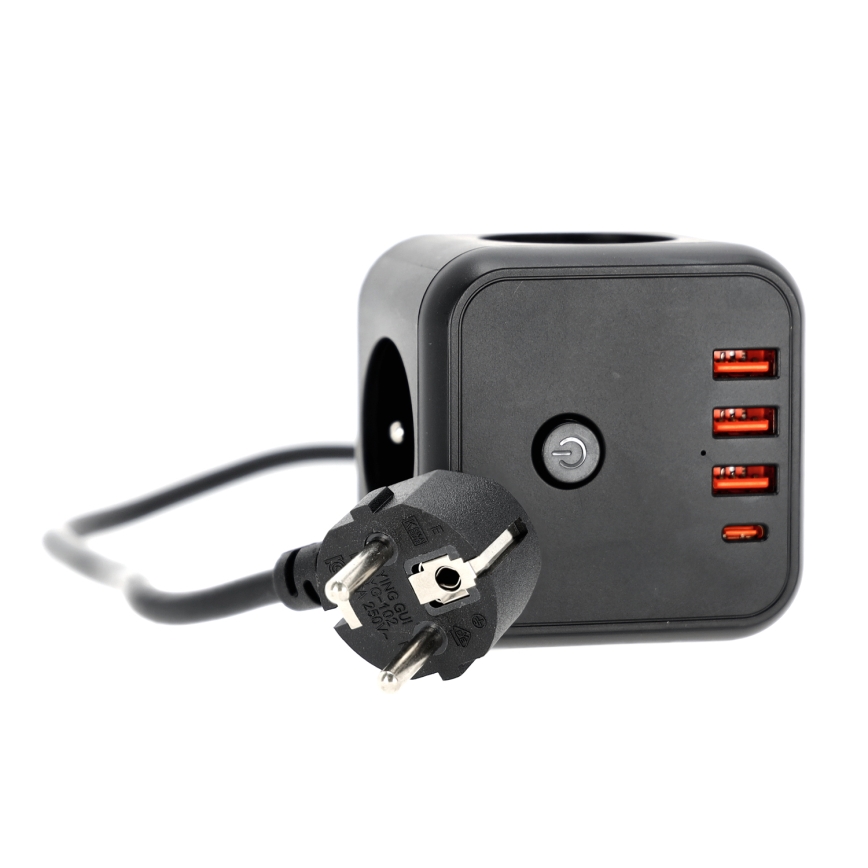 Steckdosenwürfel mit Schalter LINEA 3x230V + 4xUSB A/C schwarz