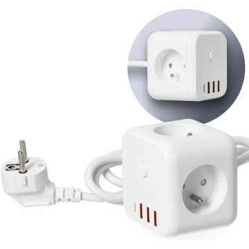 Steckdosenwürfel mit Schalter LINEA 3x230V + 4xUSB A/C weiß