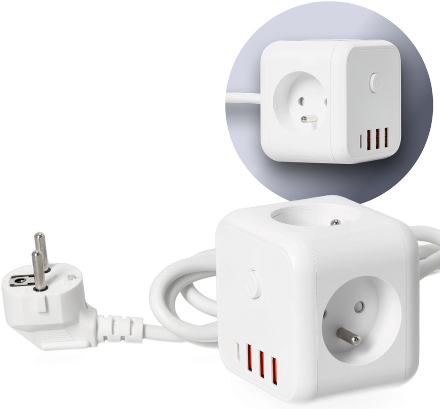 Steckdosenwürfel mit Schalter LINEA 3x230V + 4xUSB A/C weiß