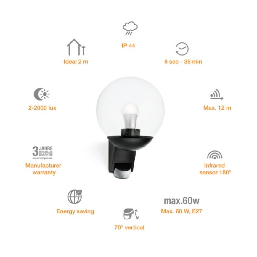 STEINEL 005535 - Außenwandleuchte mit Sensor L585S 1xE27/60W schwarz IP44