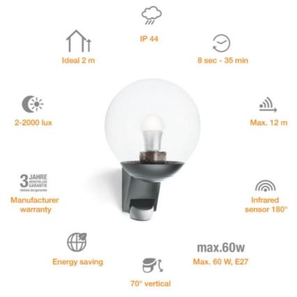 Steinel 035723 - Außenwandleuchte mit Sensor L585S 1xE27/60W/230V IP44