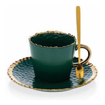 Tasse mit Untertasse und Löffel VALIA grün/gold