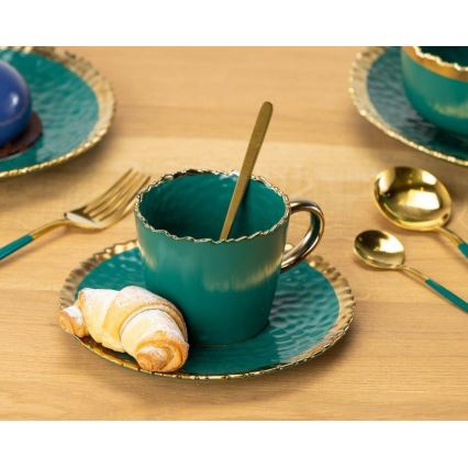 Tasse mit Untertasse und Löffel VALIA grün/gold