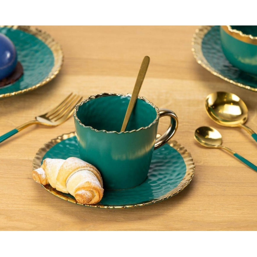 Tasse mit Untertasse und Löffel VALIA grün/gold