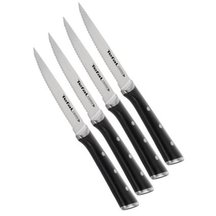 Tefal - ICE FORCE Steakmesser-Set aus Edelstahl, 11 cm, glänzender Chrom/Schwarz, 4 Stück