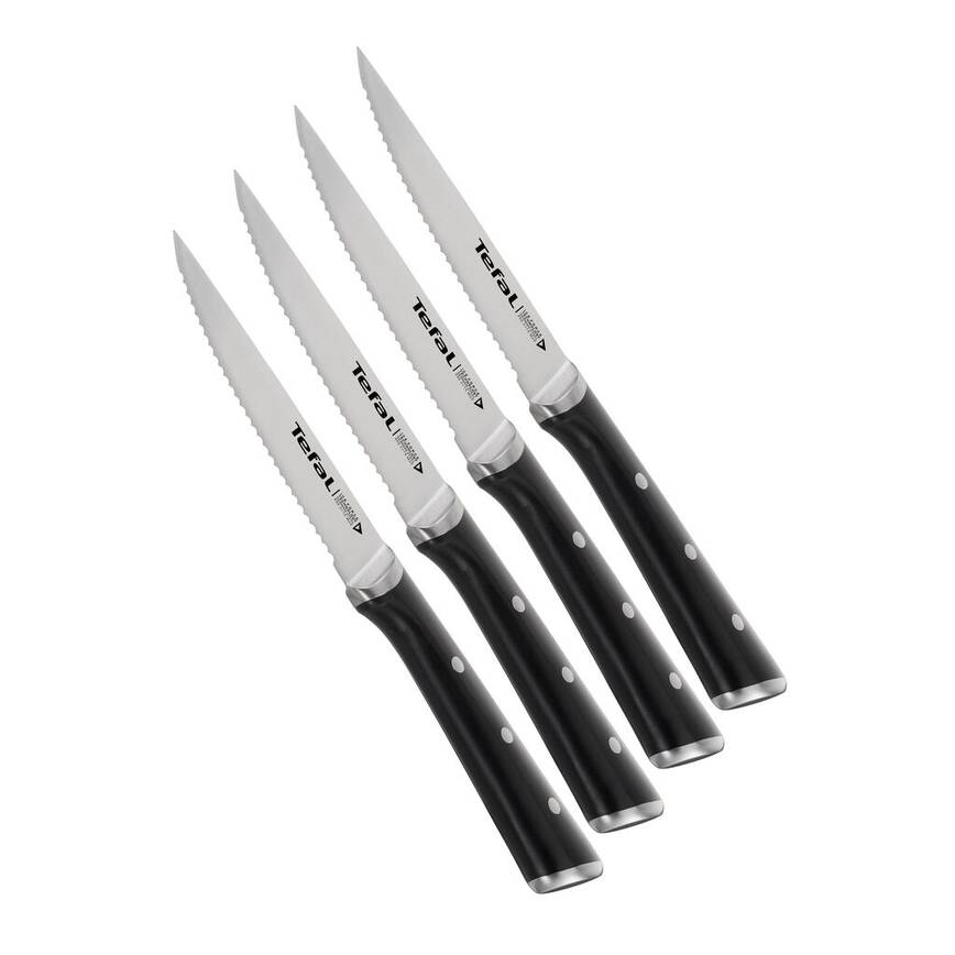 Tefal - ICE FORCE Steakmesser-Set aus Edelstahl, 11 cm, glänzender Chrom/Schwarz, 4 Stück