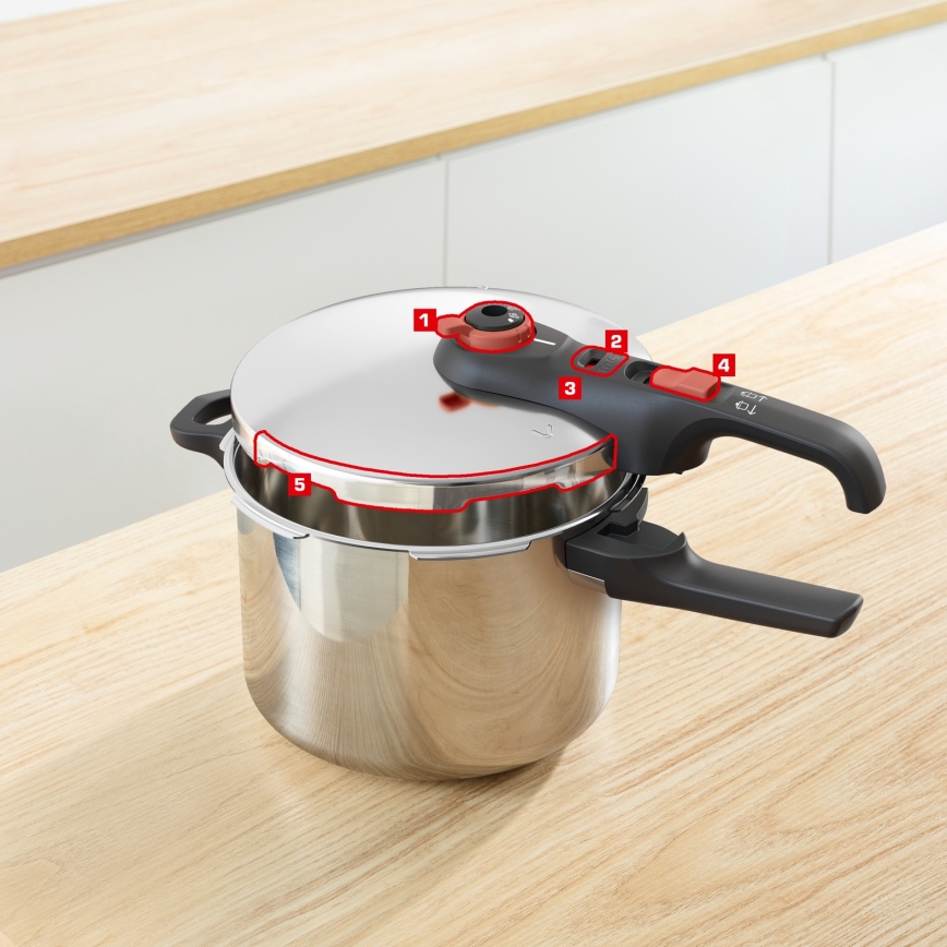 Tefal - Schnellkochtopf 6 l SECURE TRENDY + 5-teiliges Set INGENIO EMOTION