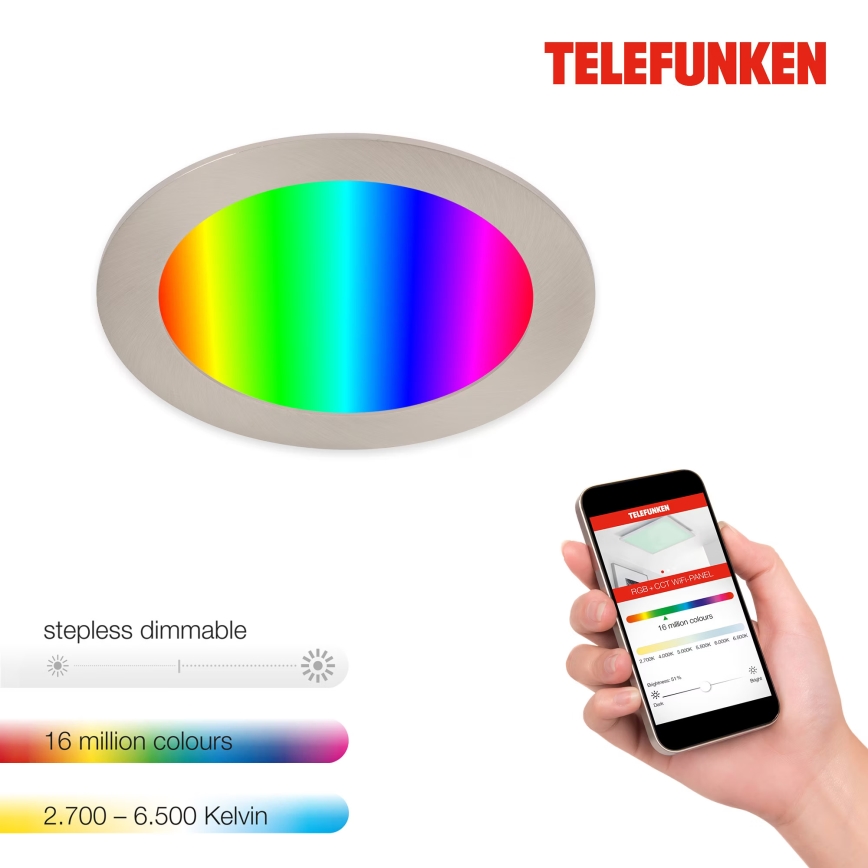 Telefunken 309402TF - Dimmbare LED-RGBW-Einbauleuchte für Badezimmer LED/12W/230V 2700-6500K IP23 Wi-Fi Tuya