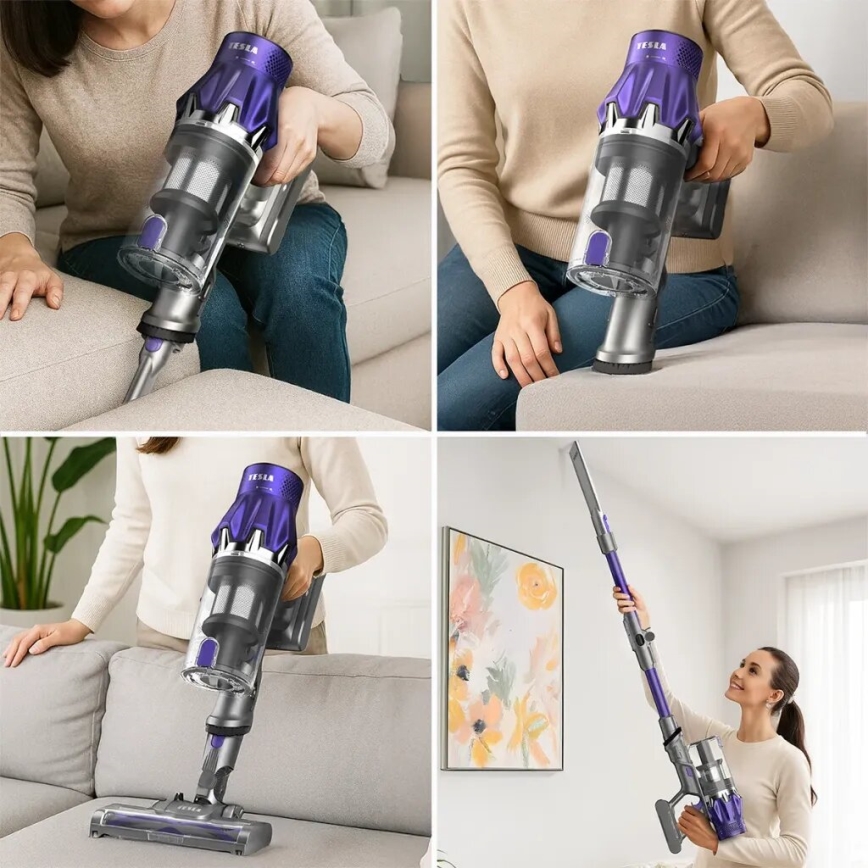 TESLA Electronics PureStar - Flexibler kabelloser Stabstaubsauger 2in1 250W/2200 mAh grau/lila
