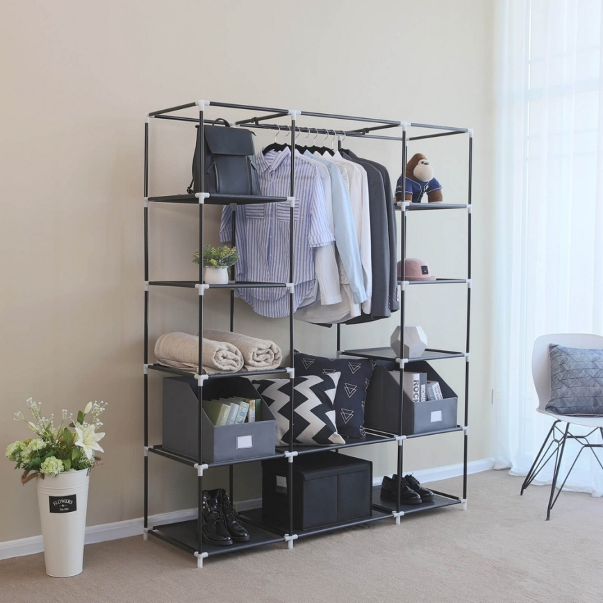 Textilkleiderschrank mit Regalen und Kleiderstange MATIS 150x175x45 cm, schwarz