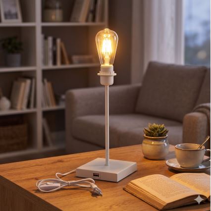 Tischlampe mit USB-Anschluss 1xE27/15W/230V weiß