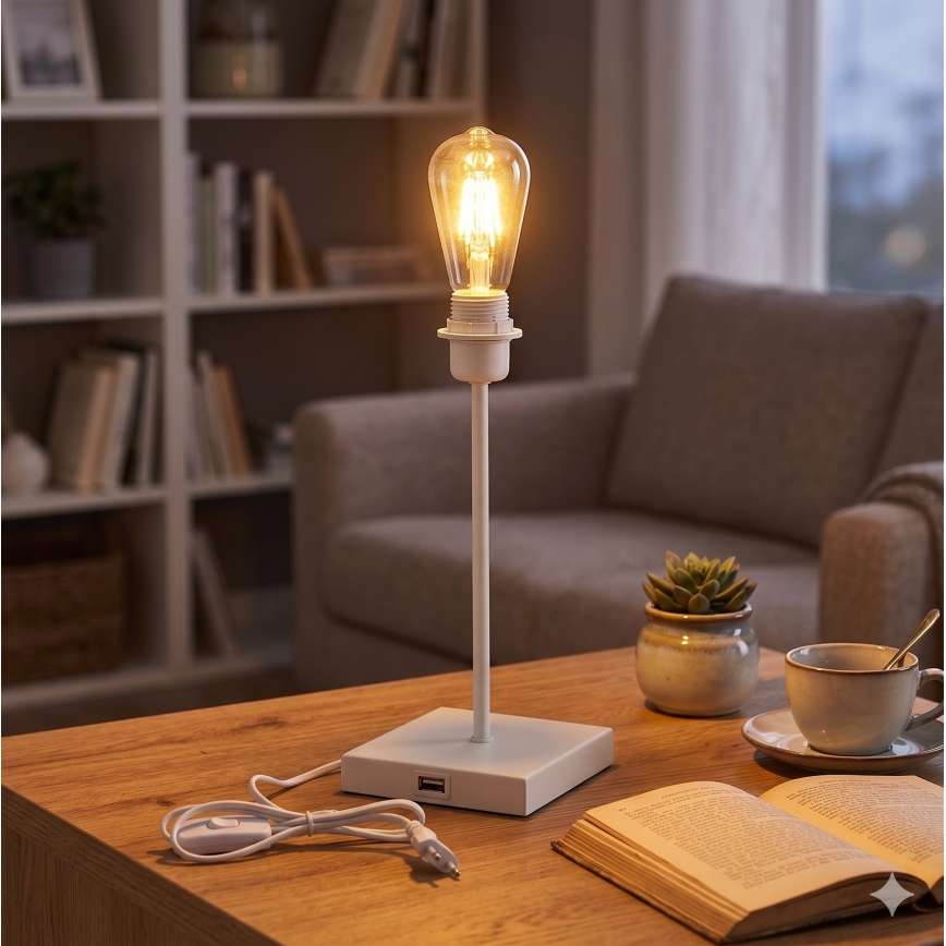 Tischlampe mit USB-Anschluss 1xE27/15W/230V weiß