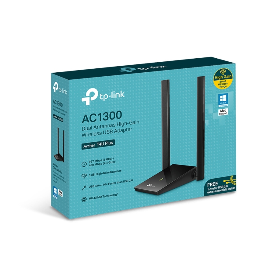 TP-Link - Kabelloser USB-WLAN-Adapter mit High-Gain-Antennen Archer T4U Plus Wi-Fi