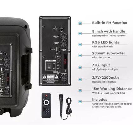 Tragbarer Bluetooth-Lautsprecher mit Mikrofon 15W/3,7V LED RGB + FB