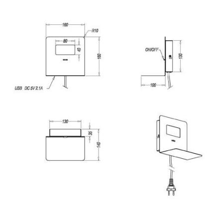 Trio - LED-Wandleuchte mit einer Ablage ALOFT LED/3W/230V + USB-Anschluss