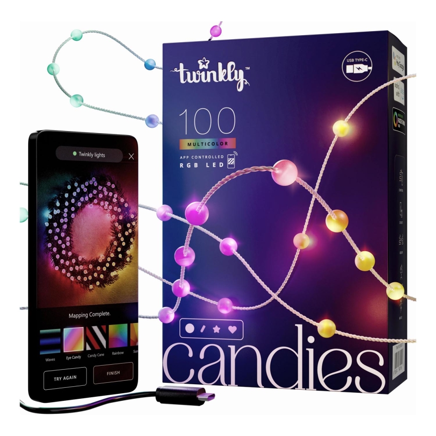 Twinkly - Dimmbare LED-RGB-Weihnachtskette CANDIES 100xLED 8 m USB Wi-Fi