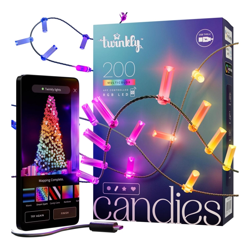 Twinkly - Dimmbare LED-RGB-Weihnachtskette CANDIES 200xLED 14 m USB Wi-Fi