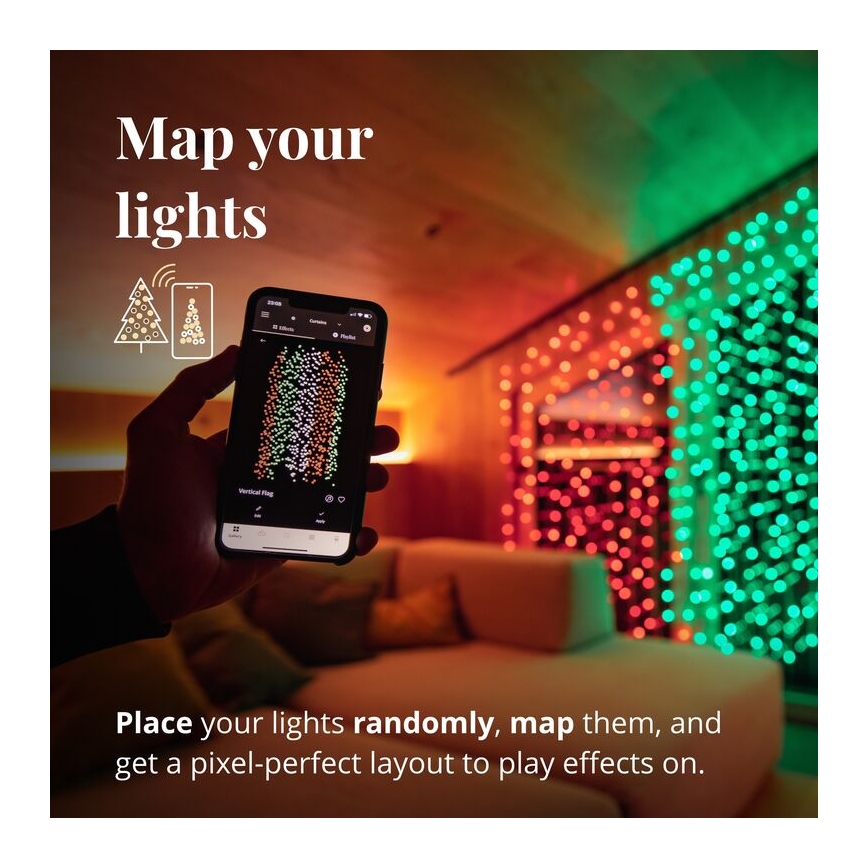 Twinkly - Dimmbarer LED-RGBW-Weihnachtsvorhang für den Außenbereich CURTAIN 210xLED 6,1m IP44 Wi-Fi