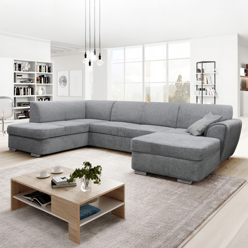 U-förmiges, ausklappbares Ecksofa SERPA mit Stauraum, links, grau