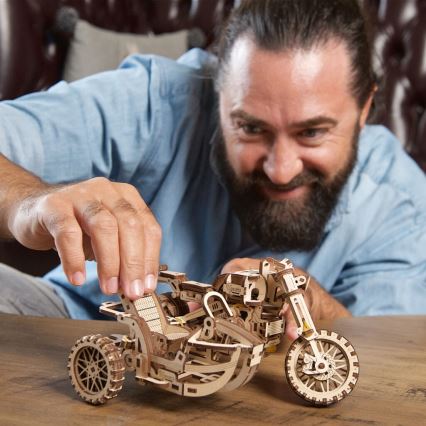 Ugears - Mechanisches 3D-Holzpuzzle Scrambler-Motorrad mit Wagen