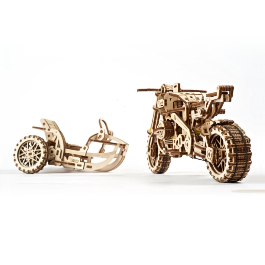 Ugears - Mechanisches 3D-Holzpuzzle Scrambler-Motorrad mit Wagen