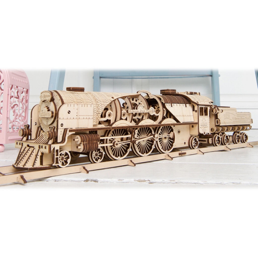 Ugears - Mechanisches 3D-Holzpuzzle V-Express Dampflokomotive mit Tender