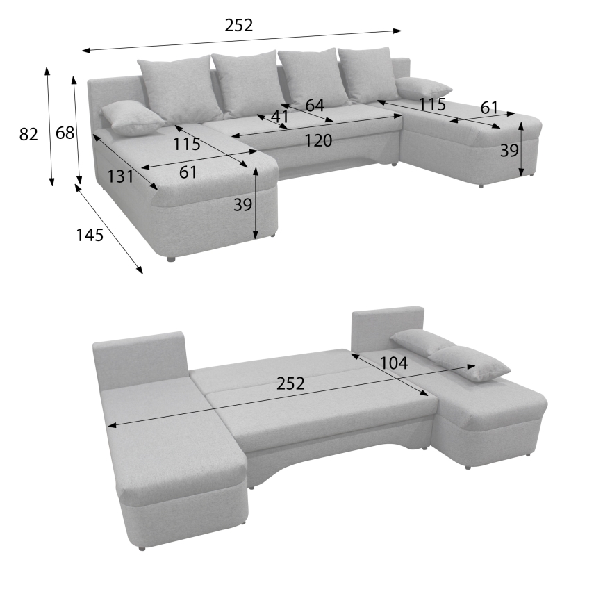 Universelle, ausklappbare U‑förmige Eck-Sitzgarnitur mit Stauraum ALMEIDA, grau