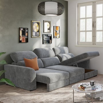 Universelles, ausziehbares Eck-Schlafsofa TRENTO, 3‑Sitzer mit Stauraum, grau