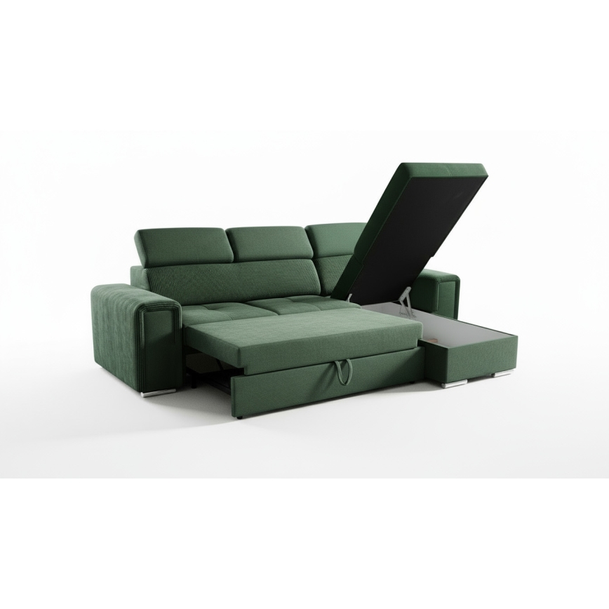 Universelles, beidseitig montierbares, ausklappbares Ecksofa in L‑Form mit Stauraum SALVADA grün