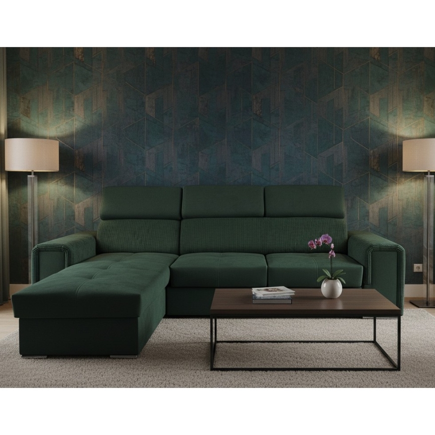 Universelles, beidseitig montierbares, ausklappbares Ecksofa in L‑Form mit Stauraum SALVADA grün