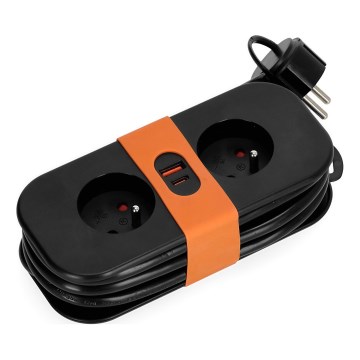 Verlängerungskabel 2-fach + 2x USB, 1,4 m, schwarz