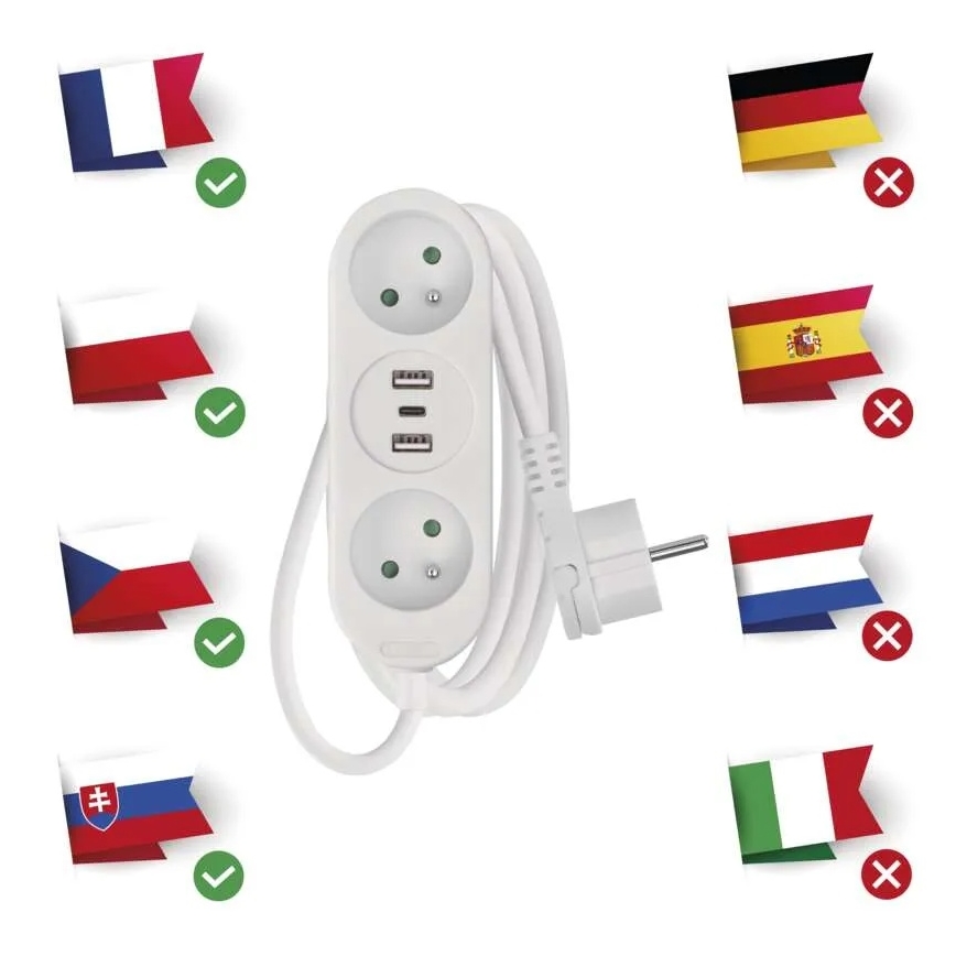 Verlängerungskabel 2 Steckdosen + 2x USB-A + USB-C 1,4 m