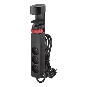 Verlängerungskabel mit Befestigung am Tisch 3Z + 3xUSB 1,5m schwarz
