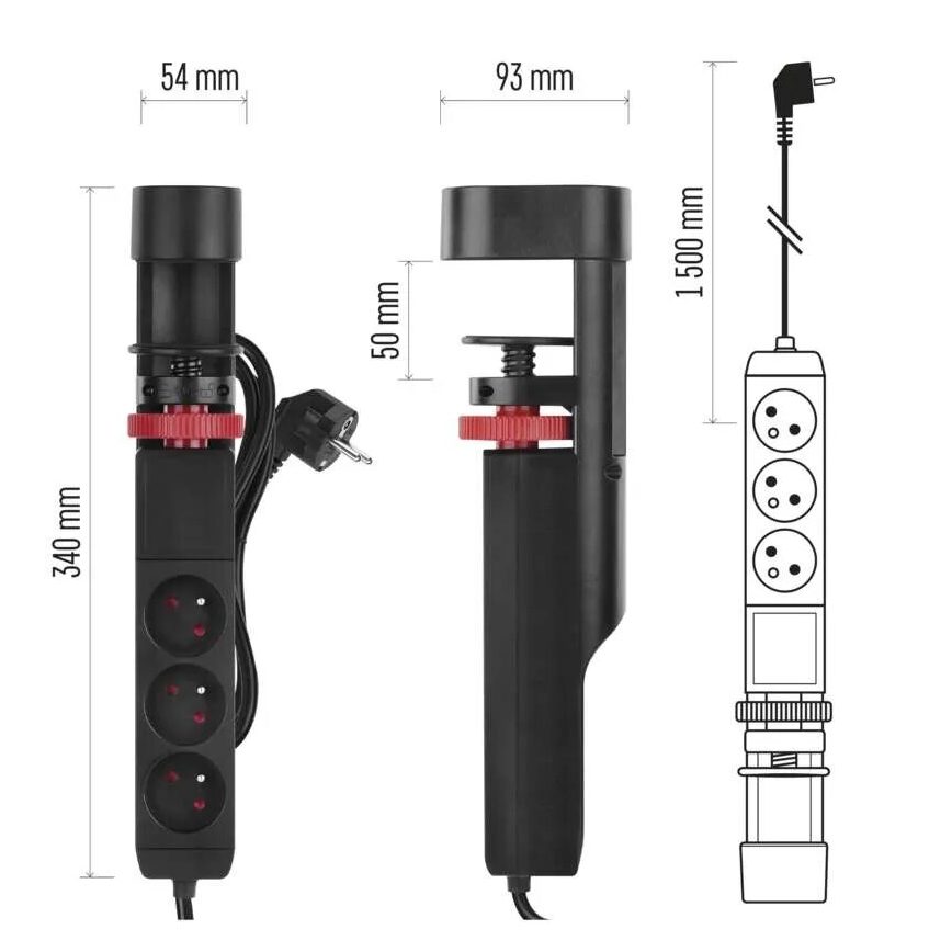 Verlängerungskabel mit Befestigung am Tisch 3Z + 3xUSB 1,5m schwarz