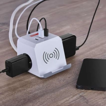 Verlängerungskabel mit Steckdosenleiste und kabellosem QI-Ladegerät 2x USB-A + 1x USB-C, 2 m, weiß